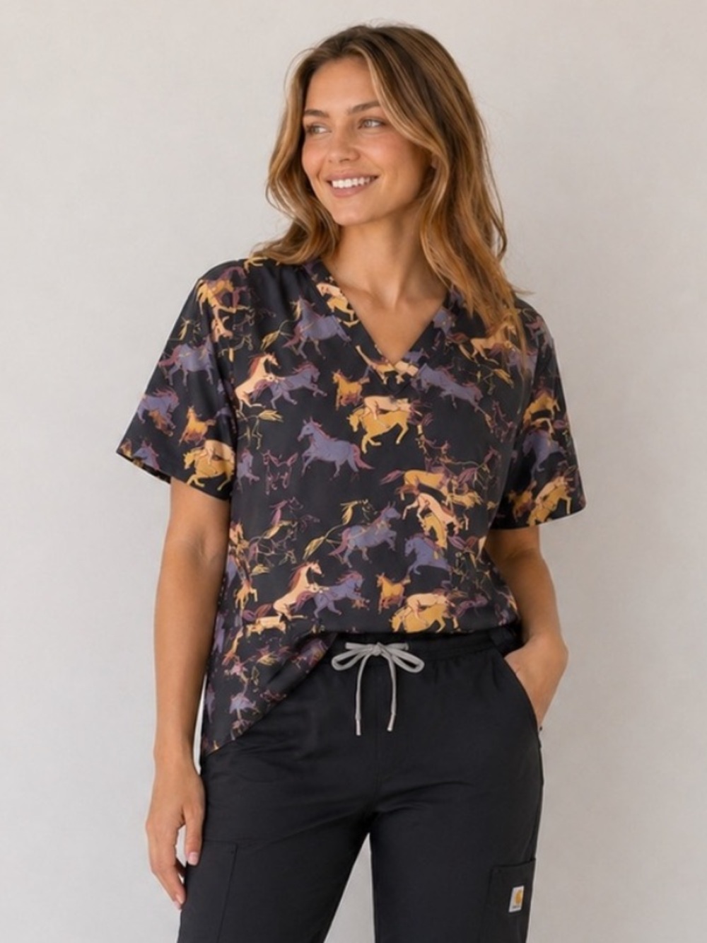 Carhartt Women's V-neck Print Scrub Top - Horses - Modern Fit - Plus - XL